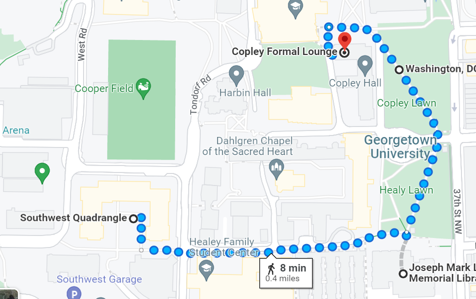 A map depicting the route from the Southwest Quadrangle Parking Garage to Copley Hall on the Georgetown University campus